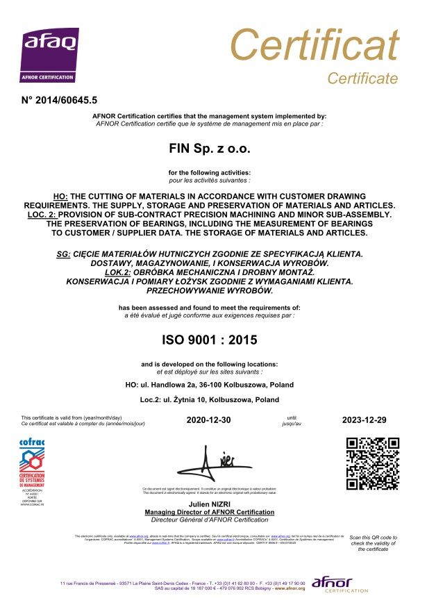 CERTYFIKAT ISO 9001 AFNOR